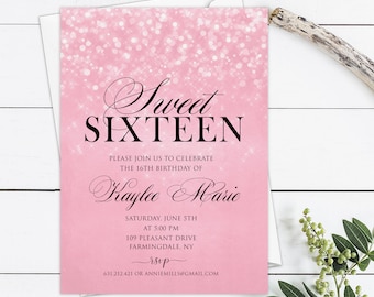 Pink Sparkle Sweet 16 Invitation, Pink Sweet 16 Invite, Glitter Birthday Invitation, Pink Sparkle Invitation, Pink Birthday Invite Printable