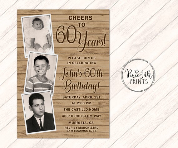 Vintage Photo Birthday Invitation, Through the Ages Photo Invitation, Milestone Birthday Invitation, Custom Photo Invitation, Wood Plank