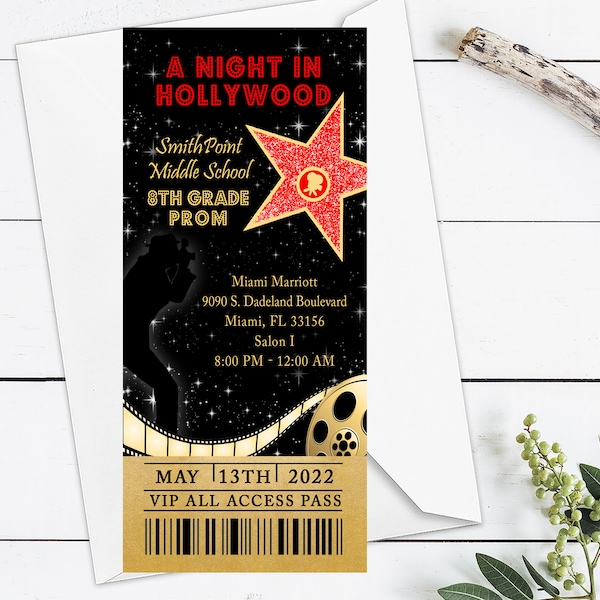 VIP Ticket Invitation, Red Carpet Ticket Invitation, Hollywood Party Ticket, Red Carpet Ticket Printable, Red & Gold Hollywood Invitation