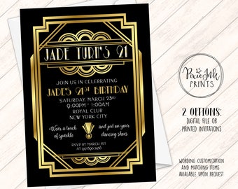 Gatsby Party Invite, 21st Birthday Invitation, Art Deco Invitation, Black & Gold Invitation, Gatsby Printable, Gatsby Prom