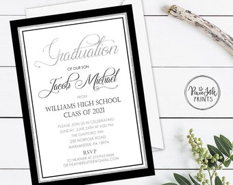 Graduation Party Invitation, Grad Party Invitation, Class of 2021, Graduation Invitation, High School Grad, College Grad, Black & White Grad