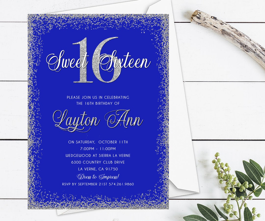 Royal Blue Sparkle Sweet 16 Invitation, Royal Blue and Silver Sweet 16