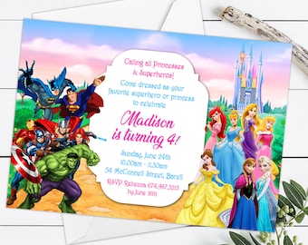 May include: A colorful invitation for a birthday party featuring a castle, princesses, and superheroes. The invitation says "Calling all Princesses & Superheros! Come dressed as your favorite superhero or princess to celebrate Madison is turning 4! Sunday, June 24th 10:00am - 11:30am 54 McConnell Street, Barell RSVP Rebecca 674.987.3213 by June 16th"