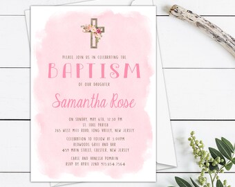 Girls Baptism Invitation, Pink Baptism Invitation Girls Christening Invitation, Girls Baptism Digital Invitation Printable