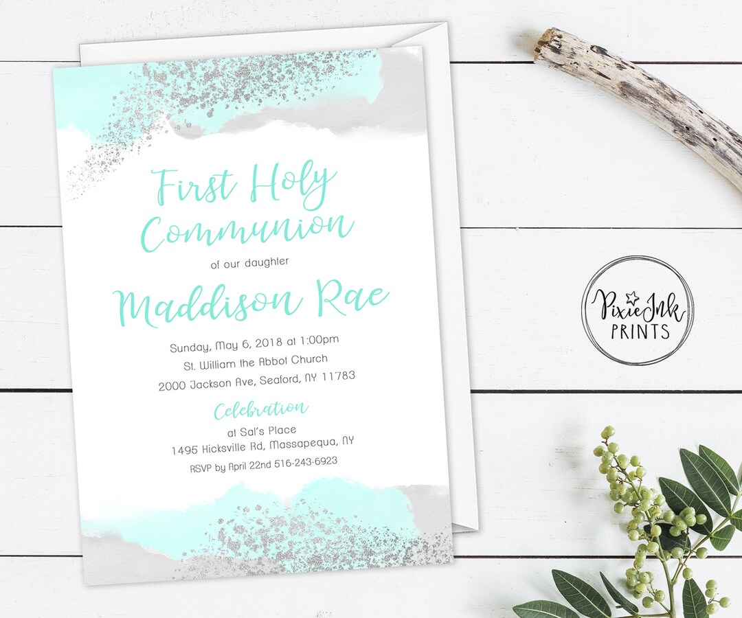 Communion Mint Turquoise and Silver Shimmer Invitation Mint Green 1st Communion ...