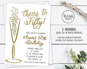 Cheers to 50 Years Invitation, Cheers Invitation, Bubbly Invitation, Cheers to 30 Years, Milestone Birthday Invite, White and Gold Cheers