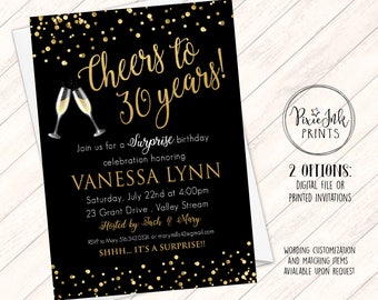 Cheers Invitation, Champagne Cheers Invitation, Beer Cheers Invitation, Cheers to 30 Years, Milestone Birthday Invite, Black & Gold Invite