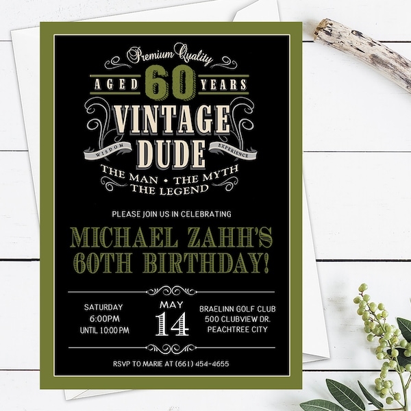 Vintage Dude Birthday Invitation, Through the Ages Invite, Milestone Birthday Invitation, Vintage birthday Invitation, Aged to perfection