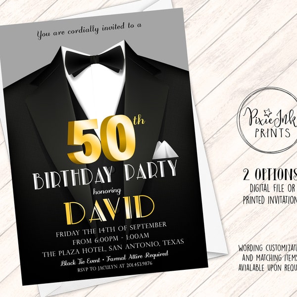 Black Tie Invitation, Tux Invitation, Black & Gold Invitation, Black Tie Event Invitation, Tuxedo Invitation, 50th Birthday Party Printable