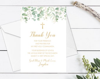 Carte de remerciement Communion, Première Sainte Communion Merci, Eucalyptus Communion Imprimable, Modèle de téléchargement numérique Merci