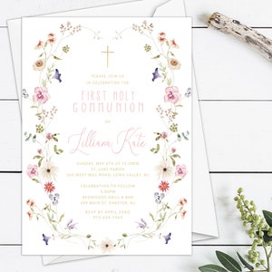 Wildflower First Holy Communion Invitation, Spring Flower Communion Digital Invitation Template Printable, Wildflower Invitation Religious