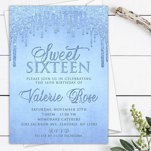 Blue Glitter Drips Sweet 16 Inviti, modello di invito digitale Blue Sparkle Sweet Sixteen stampabile