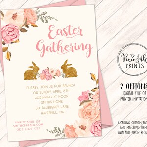 May include: A pink and gold Easter gathering invitation with floral accents and two gold bunny silhouettes. The invitation text reads "Easter Gathering" and includes details about the event, including the date, time, location, and RSVP information.