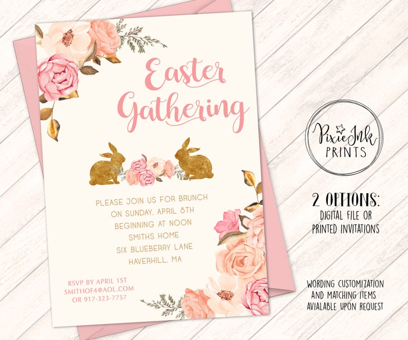 May include: A pink and gold Easter gathering invitation with floral accents and two gold bunny silhouettes. The invitation text reads "Easter Gathering" and includes details about the event, including the date, time, location, and RSVP information.
