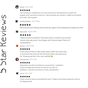 May include: Five-star reviews for a business that creates custom invitations. The reviews highlight the quality of the invitations, the speed of shipping, and the excellent customer service.
