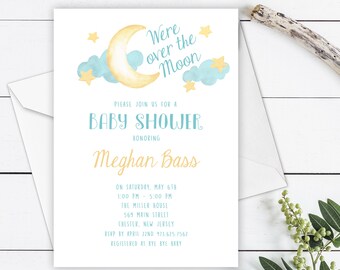 Over the Moon Baby Shower Invitation, Moon and Stars Baby Shower Invitation, Baby Sprinkle Digital Invitation Template Printable