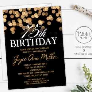 75th Birthday Invitation, Black and Gold Birthday Invitation, Bokeh Birthday Invitation, Milestone Birthday Invitation, Surprise Birthday