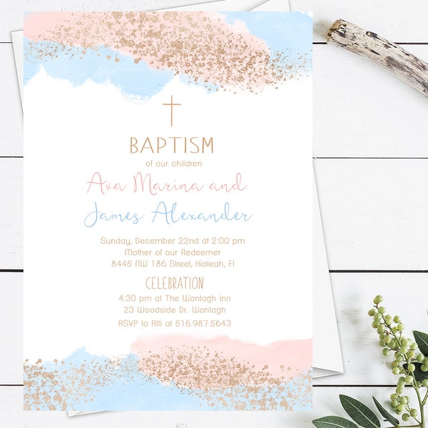 Twin Baptism Invitation, Twin Christening Invitation, Blue and Pink Baptism Invitation, Sibling Baptism, Twin Invitation, Watercolor Baptism