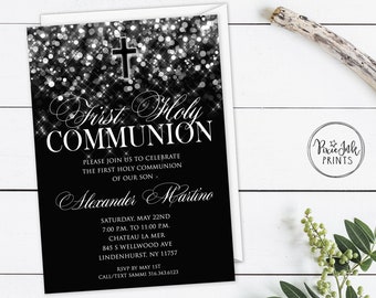 Communion Invitations, Boys Communion Invitation, First Holy Communion Invitation, DIY Communion Printable, Black and White Communion Invite