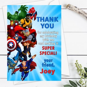 Superheld bedankkaart, Avenger verjaardag bedankkaart, superheld bedankkaart afdrukbaar, superheld verjaardagsfeestje bedankje