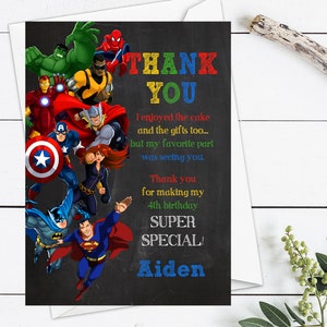 Cartão de agradecimento de super-herói, cartão de agradecimento de aniversário do vingador, cartão de agradecimento de super-herói para impressão, festa de aniversário de super-herói, obrigado