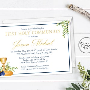 Boys Communion Invitation, Navy & Gold Communion Invitation, Gold Communion Invitation, Chalice Communion Printable, Navy Baptism Boy Invite