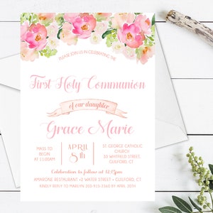 Girls Communion Invitation, Pink Floral Communion Invitation, Pink Communion Invitation Printable, Cross Communion Invitation, 1st Communion
