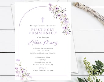 May include: Purple floral design invitation for a First Holy Communion celebration for Allie Mary. The invitation includes the date, time, and location of the ceremony and reception. RSVP information is also included.