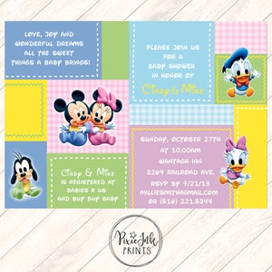 May include: A baby shower invitation with a pink, blue and yellow patchwork design. The invitation features Mickey Mouse and Minnie Mouse, Donald Duck and Daisy Duck. The text on the invitation reads "Please join us for a baby shower in honour of Cindy & Mike".