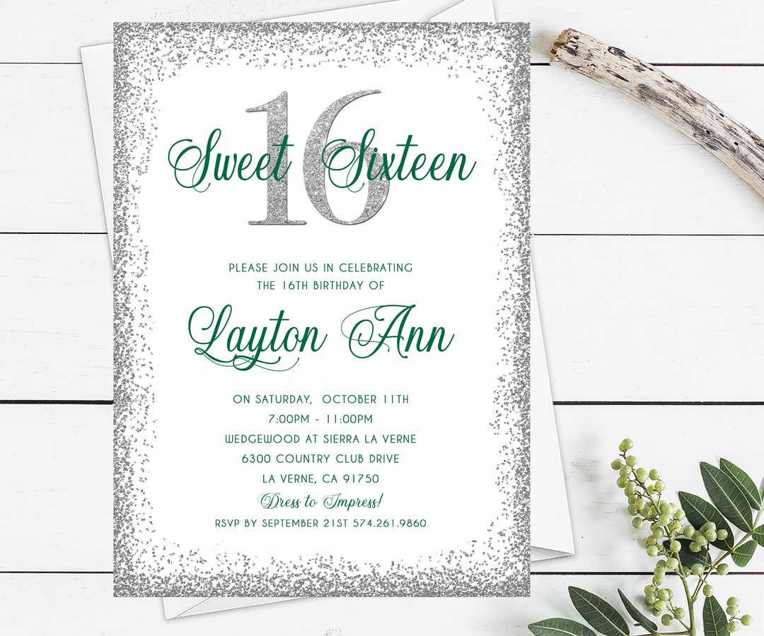 Sweet 16 Invitation, Emerald Green Sweet 16, Emerald & Silver Birthday