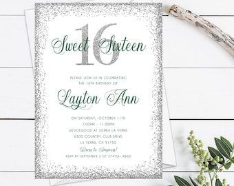 Sweet 16 Invitation, Emerald Green Sweet 16, Emerald & Silver Birthday Invitation, Emerald Green Invitation, Sweet Sixteen Party