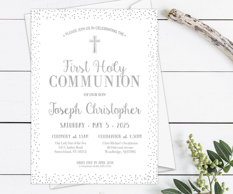 First Communion Invitation Silver Communion Invitation 1st Etsy