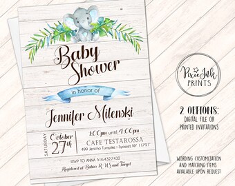 Boy Baby Shower Invitation, Jungle Baby Shower Invite, Baby Elephant Invitation, Safari Baby Shower Invitation