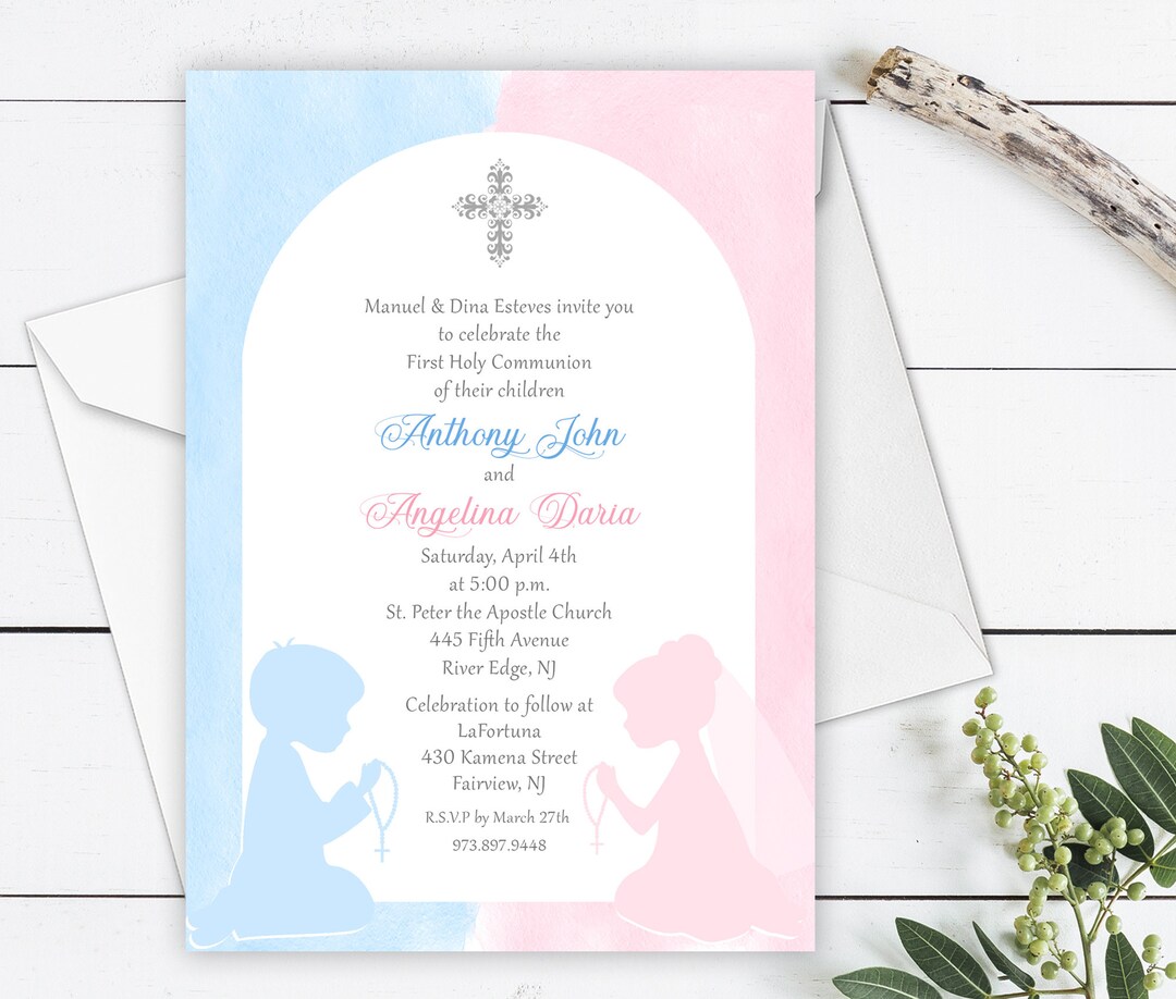 Twin Communion Invitation, Split 1st Communion Invitation, Damask ...