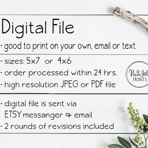 May include: A white background with black text describing the details of a digital file. The text includes the sizes 5x7 or 4x6, the file types JPEG or PDF, and that the file is sent via Etsy messenger or email. The text also states that two rounds of revisions are included. A small logo for Pixie Ink Prints is in the upper right corner.
