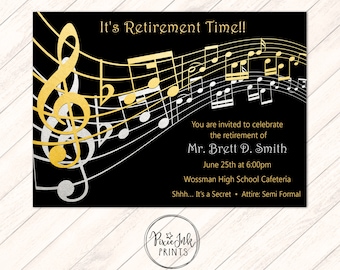 Retirement Party Invitation, Years of Service Retirement Party, Retirement Invitation, Retirement Printable, Black & Gold Music Notes