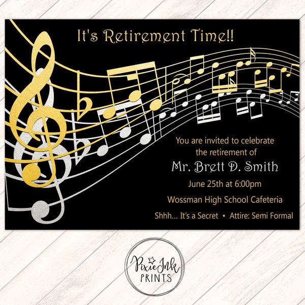 Retirement Party Invitation, Years of Service Retirement Party, Retirement Invitation, Retirement Printable, Black & Gold Music Notes