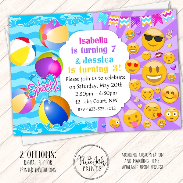 Emoji Invitation, Beach Ball Invite, Split Birthday Invitation, Split Birthday Invitation, Twin Invitation Printable, Joint Birthday Invite,