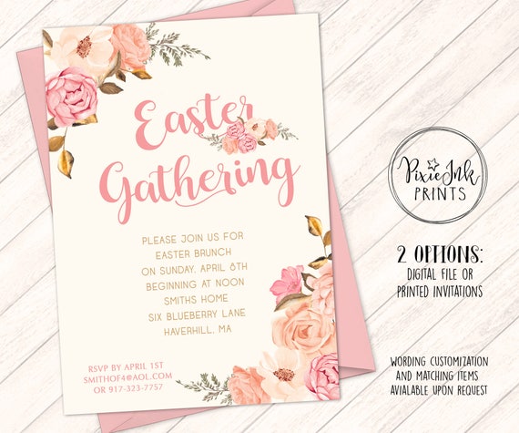 Easter Brunch Invitation, Easter Egg Hunt Invitation, Floral Easter Buffet Invitation, Easter Invitation, Easter Bunny Invite, Blush & Gold