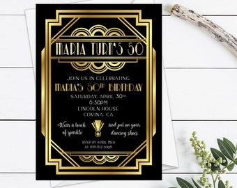 Gatsby Party Invitation Template, Art Deco Invitation Printable, Black & Gold 50th Birthday Invitation, Gatsby Digital Download