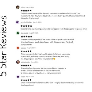 May include: Five-star reviews for a business that creates custom invitations. The reviews highlight the quality of the invitations, the speed of shipping, and the excellent customer service. The reviews include text from customers describing their positive experiences.