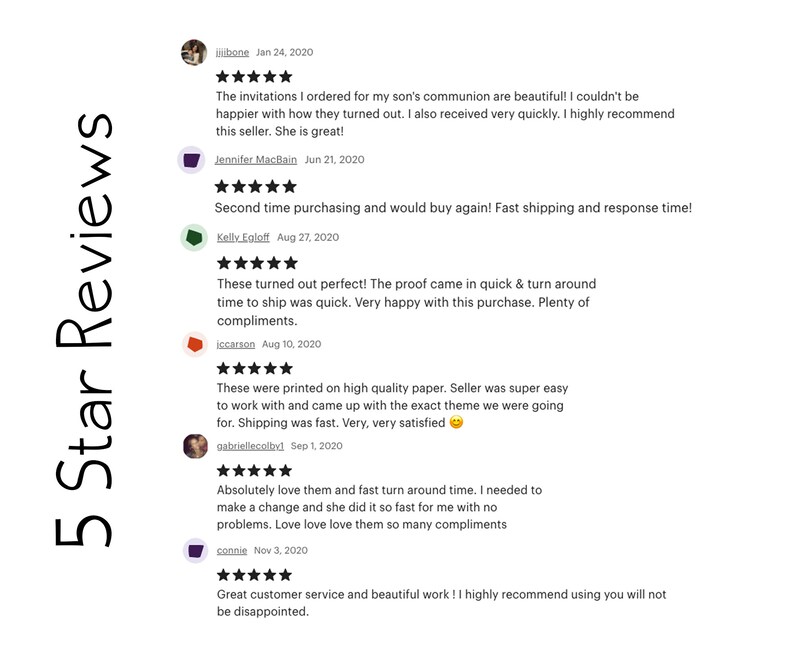 May include: Five-star reviews for a business that creates custom invitations. The reviews highlight the quality of the invitations, the speed of shipping, and the excellent customer service. The reviews include text from customers describing their positive experiences.