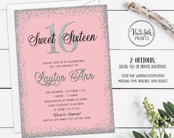 Pink Sparkle Sweet 16 Invitation, Pink Sweet 16 Invite, Glitter Birthday Invitation, Pink Sparkle Invitation, Pink Birthday Invite Printable
