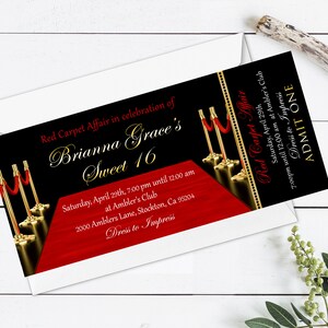 Roter Teppich Ticket Einladung, Hollywood Party Ticket, VIP Ticket Einladung, Roter Teppich Ticket Printable, Rot & Gold Hollywood Einladung