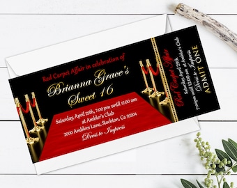 Red Carpet Ticket Invitation, Hollywood Party Ticket, VIP Ticket Invitation, Red Carpet Ticket Printable, Red & Gold Hollywood Invitation