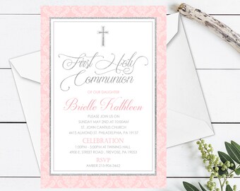 Communion Invitation Girl, First Holy Communion Invitation Girl, First Communion Invitation Girl, 1st Communion Pink and Silver Communion