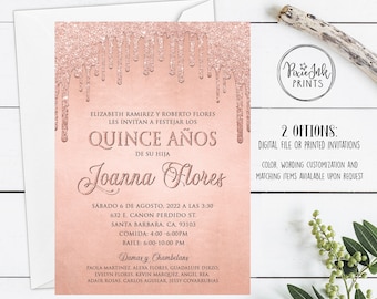 Różowe Złote Brokatowe Zaproszenia Quinceañera, Quince Różowo-złote Cyfrowe Zaproszenie Szablon Do Wydrukowania