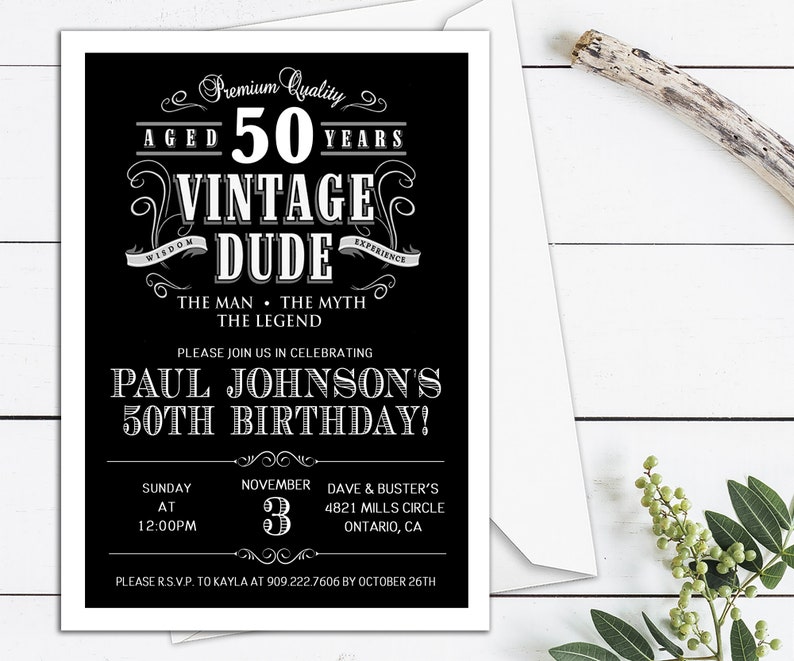 May include: Black and white birthday invitation with a vintage design. The invitation says "Premium Quality Aged 50 Years Vintage Dude" with the words "Wisdom" and "Experience" on banners above and below the word "Dude". The invitation also says "The Man, The Myth, The Legend" and "Please join us in celebrating Paul Johnson's 50th Birthday!" The invitation includes the date, time, and location of the party.