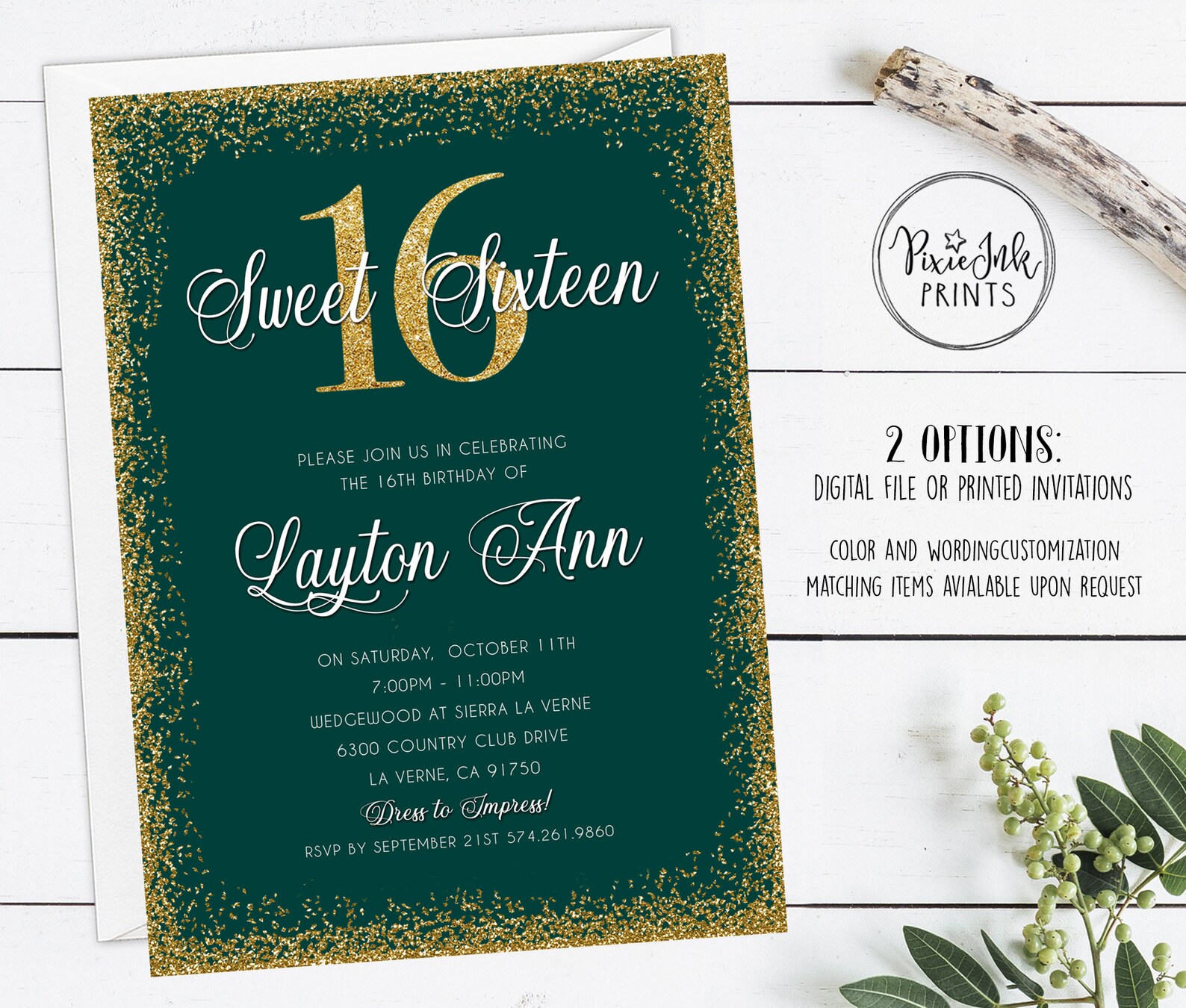 Sweet 16 Invitation Emerald Green Sweet 16 Emerald & Gold Etsy