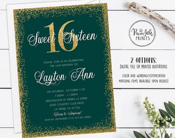 Sweet 16 Invitation, Emerald Green Sweet 16, Emerald & Gold Birthday Invitation, Emerald Green Invitation, Sweet Sixteen Party